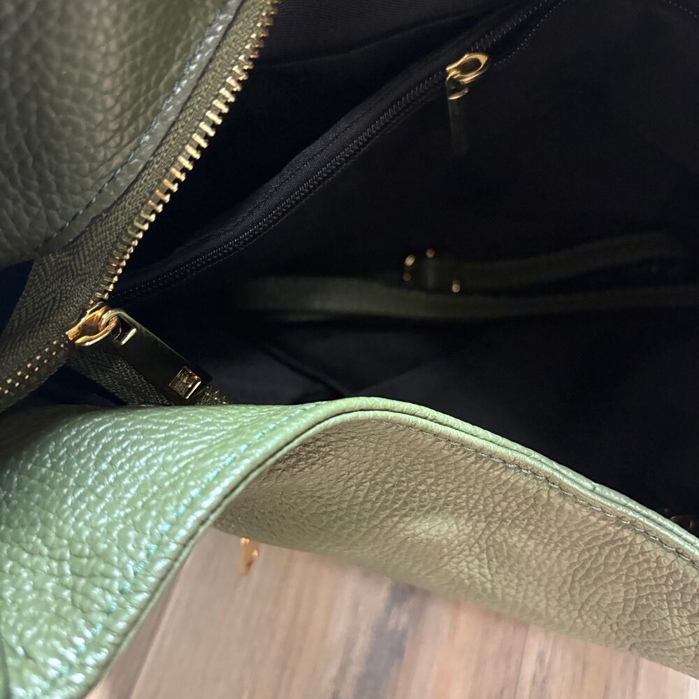 Vera Pelle Gold Top Handle Hobo Bag Army Green Genuine Leather Zip Pocket Italy - Picture 7 of 9
